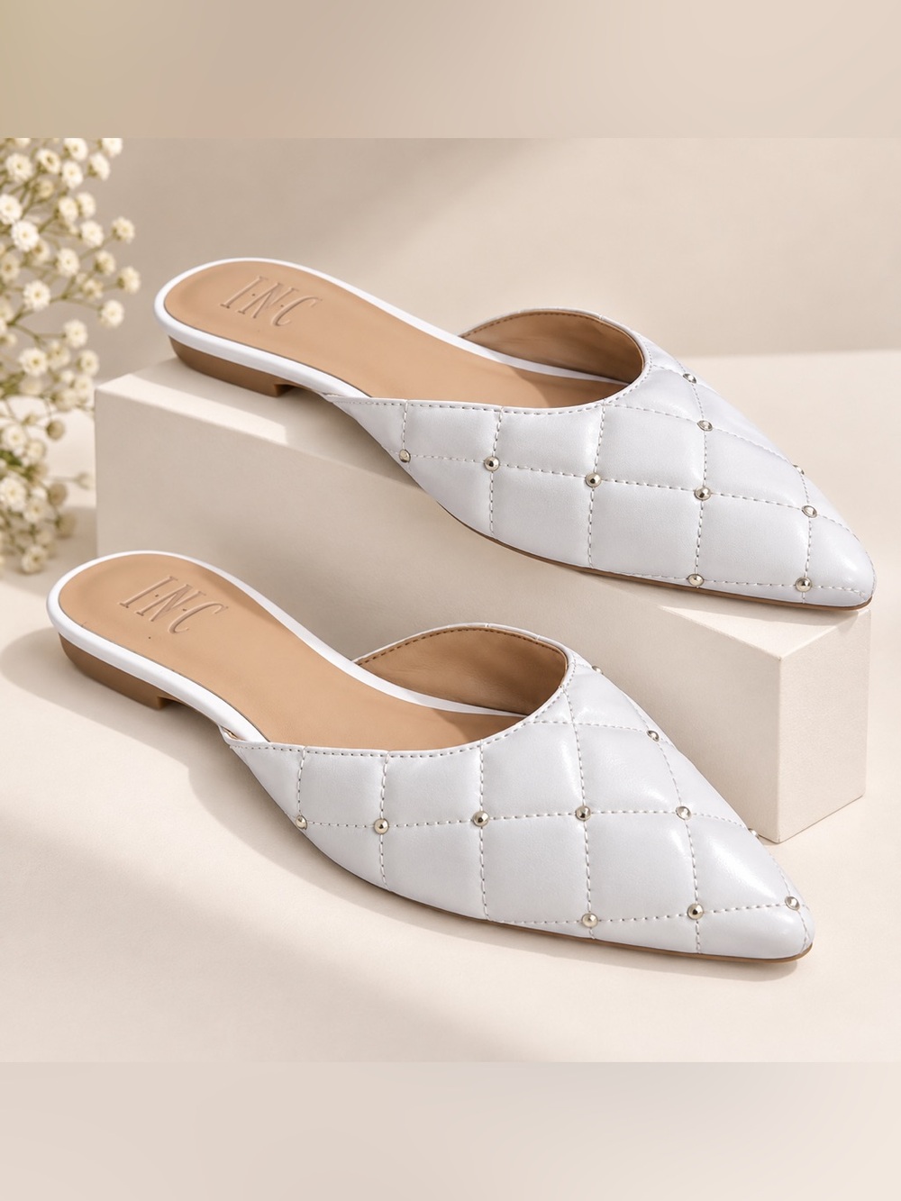 INC International Concepts Zafira Quilted Mules White Studded Flats 7.5